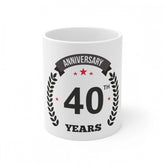 White ceramic 40th anniversary printed coffee mug (330ml capacity)